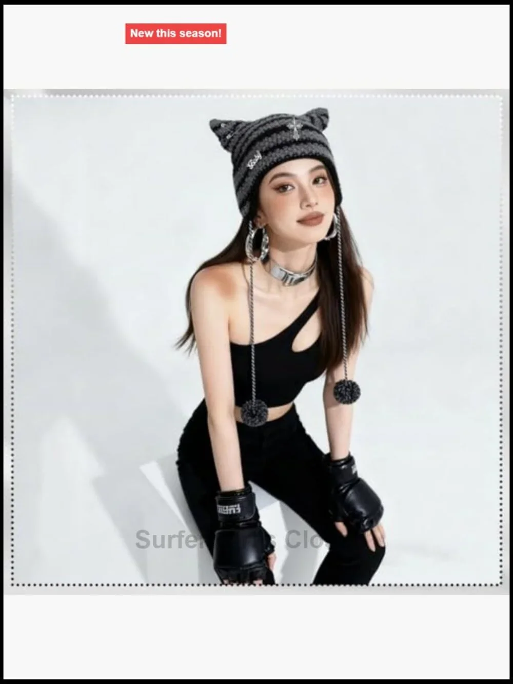 Y2K Cat Ear Knit Beanie Arm & Leg Warmers Set Stretchy Goth Dance